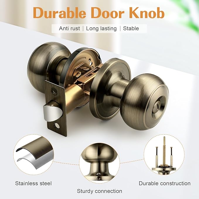 Probrico Bed/Bath Keyless Privacy Interior Door Knobs, Antique Brass Door Knobs 3 Pack