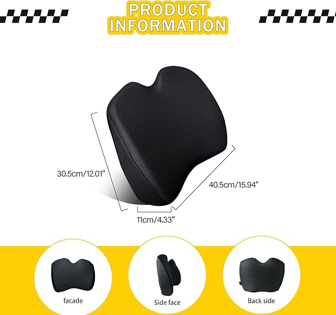 Super Soft Lumbar Support Pillow for Car, 100% Memory Foam Lumbar Pillow with Breathable Removable Cover, Ergonomic Design - Back Pillow Lumbar Support Pillow for Office Chair/Back Pain Relief(Black)