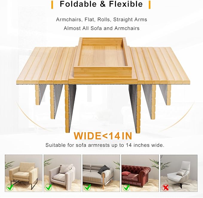 Bamboo Sofa Armrest Tray Table for Couch - 2-in-1 Couch Arm Table with Be Slide Detachable Tray- Anti-Slip Foldable Sofa Armchair Caddy for Drinks Cellphone TV Remote Snacks (Bamboo)
