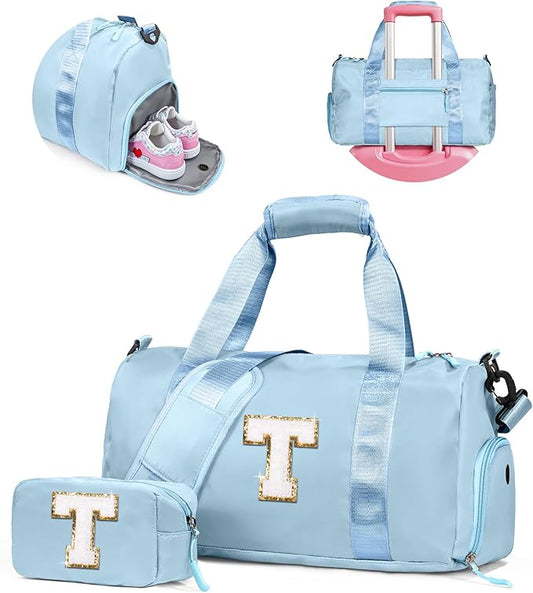 Tween Girls Trendy Stuff-Girl Gym Bag with Shoe Compartment, Kid Personalized Weekender Overnight Bags, Initial Travel Tote with Makeup Pouch, Gift for 3 4 5 6 7 Year Old Kids (Letter T)