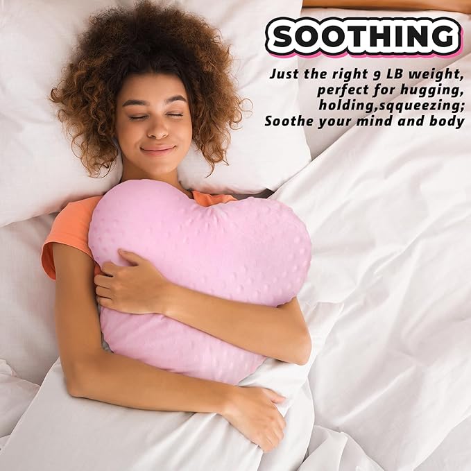 9 lb Sensory Weighted Pillow with Glass Bead Filled Heavy Soft Versatile Hug Body Pillow W/stress Relief for Adults Comfort Relaxation Sleep Valentine's Thoughtful Gift Hear(Pink)
