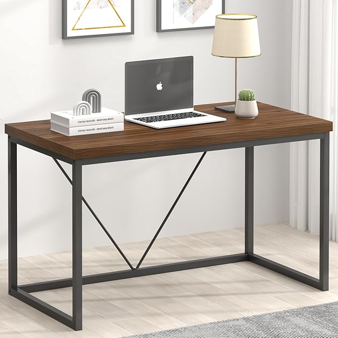 FOLUBAN Modern Office Desk, Rustic Wood and Metal Computer Desks, Industrial Study Writing Table, Simple Work Gaming PC Desk for Bedroom Living Room, Walnut 47 Inch