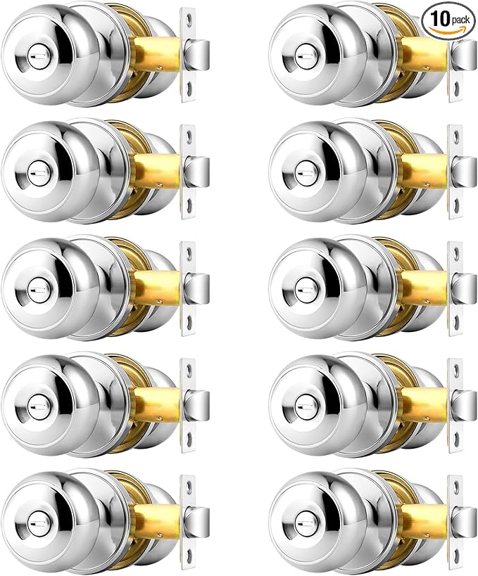 Probrico Interior Door Knobs, 10 Pack Bedroom Bathroom Doorknob with Lock Keyless, Polished Chrome Finish, Universible Door Handles, Colonial Ball Knob