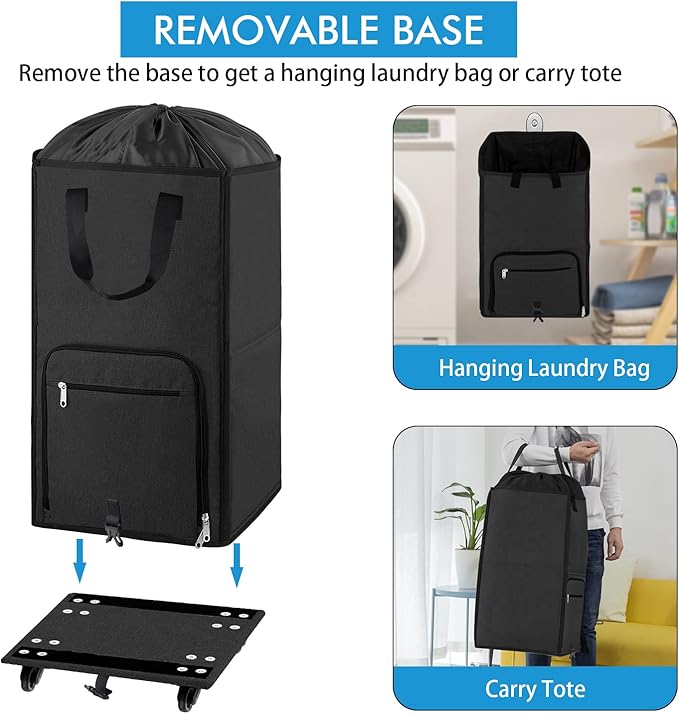 Bukere Laundry Hamper with Wheels, Large Rolling Laundry Basket with 4 Casters and 2 Handles, Collapsible Freestanding Wheeled Laundry Bag for Clothes, Laundry Room, Bathroom