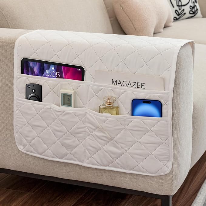 Armchair Caddy Remote Control Holder Sofa Organizer, Non-Slip Couch Arm Chair Caddy with 6 Pockets for Tablets,Smart Phone,Books,Pens,Magazines,Ipad (Off-White)