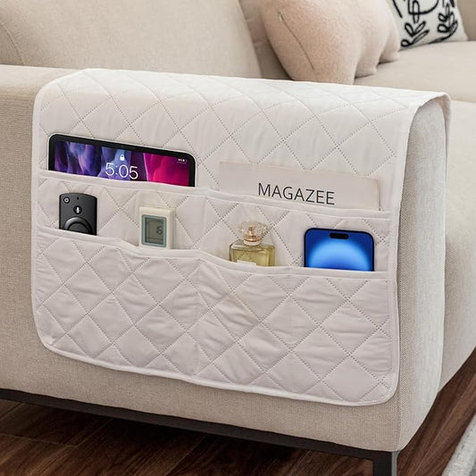 Armchair Caddy Remote Control Holder Sofa Organizer, Non-Slip Couch Arm Chair Caddy with 6 Pockets for Tablets,Smart Phone,Books,Pens,Magazines,Ipad (Off-White)