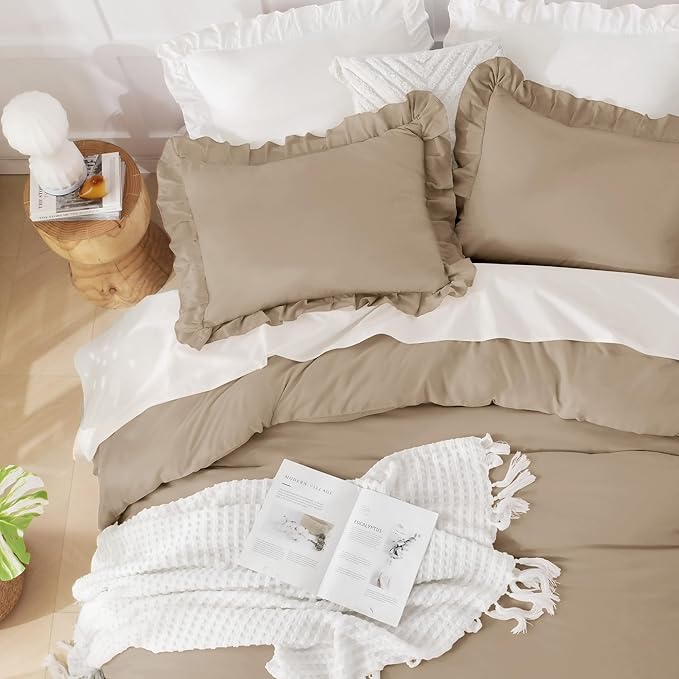 Andency Taupe King Comforter Set(104x90Inch), 3 Pieces(1 Ruffle Comforter and 2 Pillowcases) Lightweight and Fluffy Bedding Comforter Set, All Season Soft Microfiber Shabby Chic Bedding Set