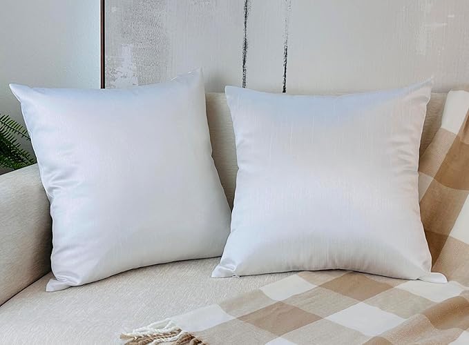 Aiking Home 18x18 Inches Faux Silk Square Throw Pillow Cover, Zipper Closure, White (Set of 2)
