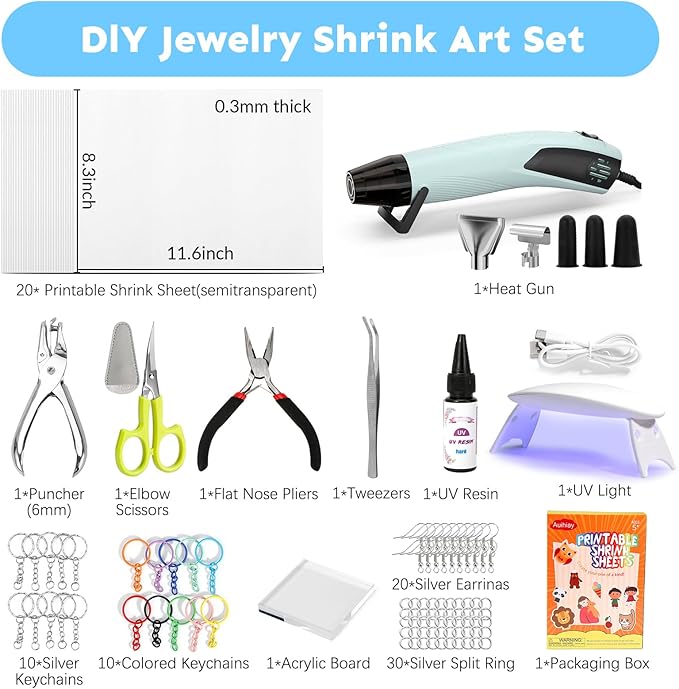 Auihiay Printable Shrink Plastic Sheet Kit, Include Heat Gun, UV Resin, UV Lamp, 20 PCS Printable Shrink Papers and Rich DIY Tools for Crafts Kids DIY Jewelry Making, DIY Christmas Ornaments