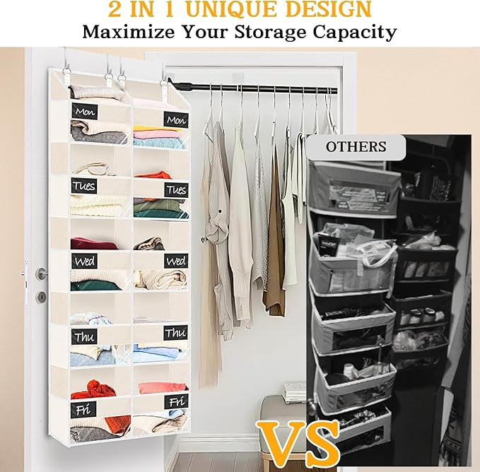 Over the Door Organizer, 5-Tier Extra Large Storage with 10 Pockets and PVC Label Pouches, 80 lbs Capacity Hanging Closet Organizer, Beige
