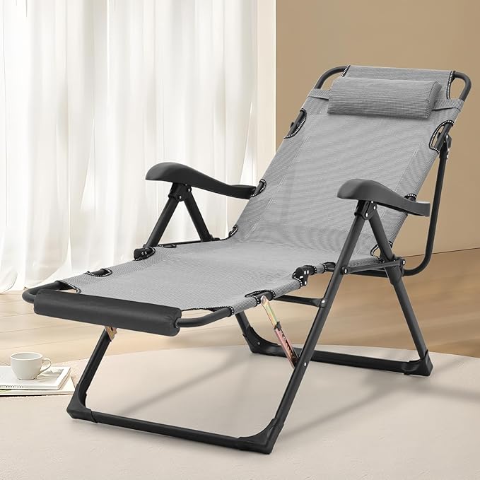 Athena Collection Zero Gravity Outdoor Lounge Chair Recliner Set of 2, 27" Width Reclining Pool Lounge Lawn Chairs with Headrest Foot Pad, Outdoor Chaise for Beach Patio Backyard Outside, Grey