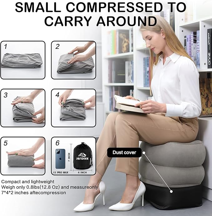 JefDiee Inflatable Foot Rest Pillow, Kids Airplane Bed, Adjustable 3 Layers Height Leg Rest Pillow, Airplane Travel Essentials Great for Office, Home, Trains, Cars