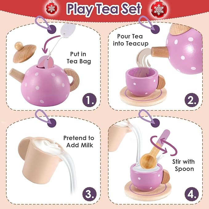 BUYGER Wooden Tea Party Set for Little Girls with Play Food Kitchen Accessories Toy Pretend Play Princess Tea Party Time for Girls Boys Children Toddlers 3 4 5 6 7+ Years Old
