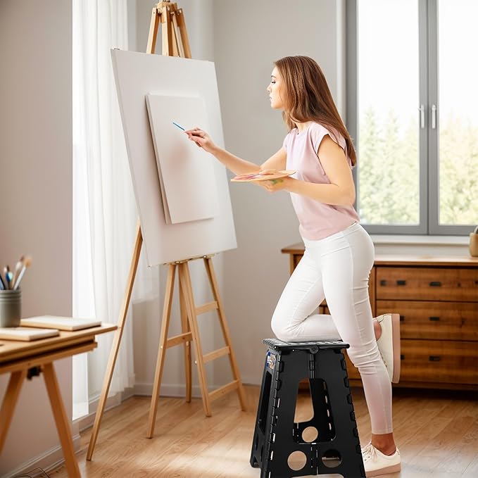 ACKO Folding Step Stool Foldable 16 Inch Stool 400 lbs Capacity,Plastic Stools for Adults and Kids,Collapsible Stool for Kitchen, Stepping Stool with Handle,Black,1 PC