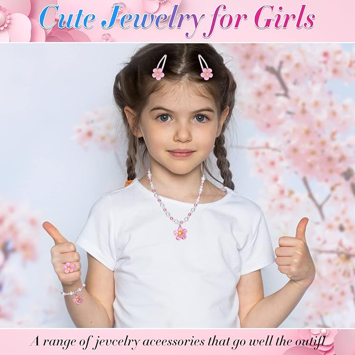 Girls Flower Jewelry Set - Toddler Dress up 5 Piece Pretend Plasy Toy Jewelry Box Set with Bead Necklace, Bracelet Ring and Hair Clips - Play Accessories - Ages 3+ Girl Birthday Gifts