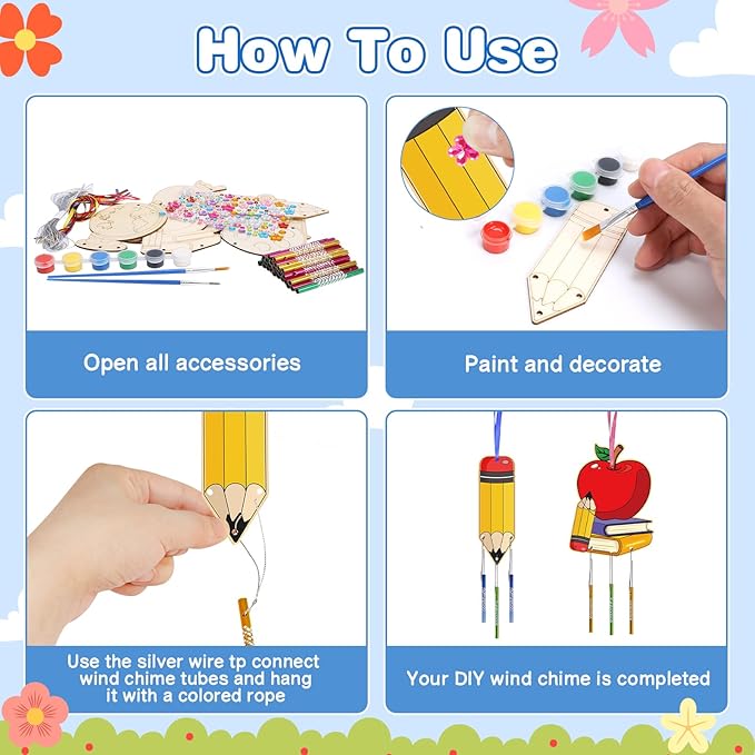 Fennoral 9 Pack Back to School Wind Chime Kit for Kids Make You Own Wind Chime Hanging Ornaments DIY Paint Back to School Craft for First Day of School Decoration Classroom Art Activity