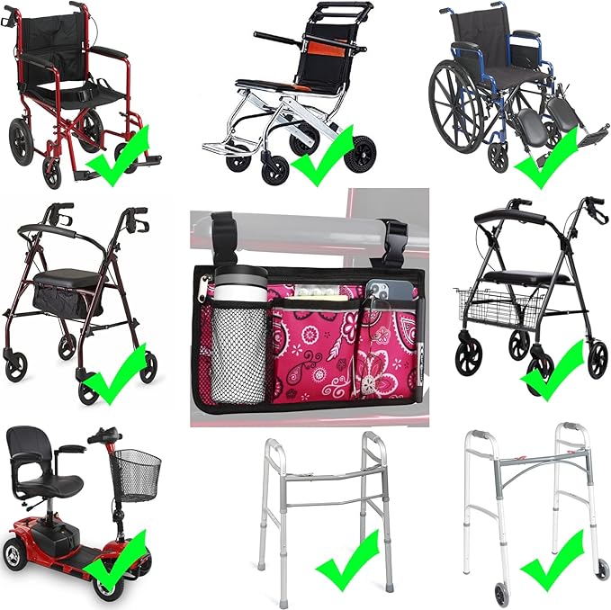 Wheelchair Side Bag, Upgrade Flower Color Wheelchair Armrest Storage Pouch with Cup Holder and Reflective Strip, Made with Waterproof Fabric, for Most Wheelchairs, Walkers and Rollators (Red Floral)