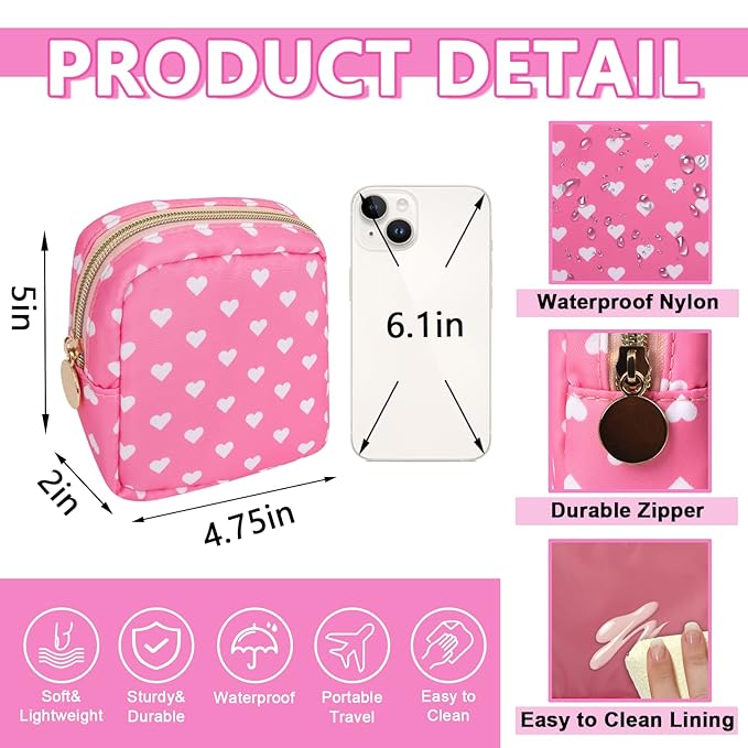 UIXIZQ Mini Makeup Pouch for Purse， Small Cosmetic Bag Pouch Nylon Travel Toiletry Organizers for Women Girls, Cute Storage Zipper Pouch Coin Purse for School Work Camping(Mini-Pink Heart)
