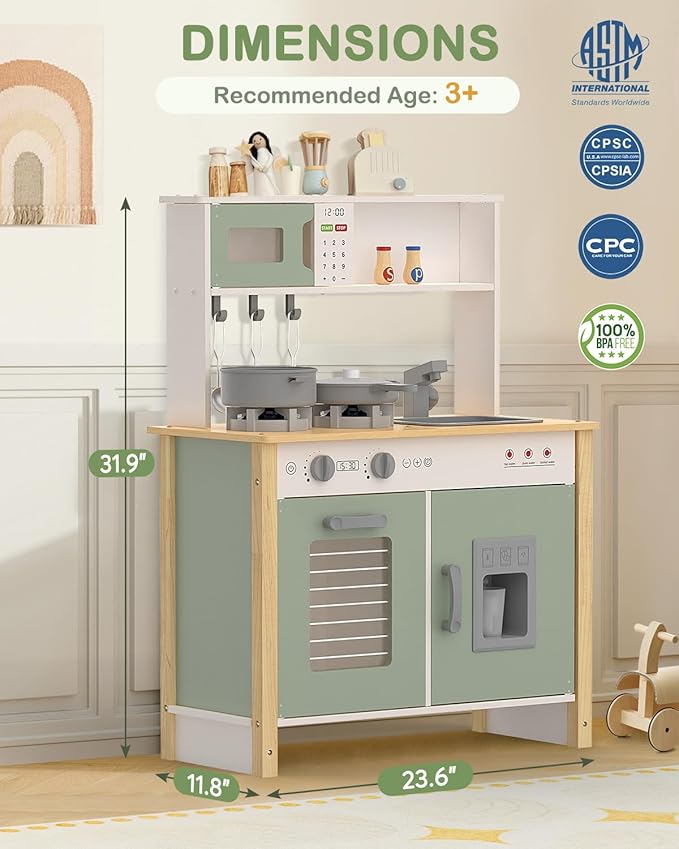 Babytronic Kids Play Kitchen, Wooden Kitchen Playset for Kids Ages 3+ with Real Lights, Sounds, Stove, Sink, Oven, and 30 Pcs Accessories, Toys Kitchen Small Pretend Play Kitchen for Toddlers (Green)