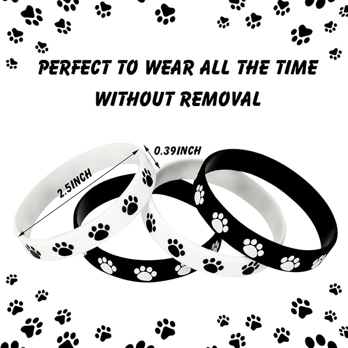 Funtery 100 Pcs Paw Print Rubber Bracelet Silicone Stretch Wristbands Dog Paw Silicone Bracelet Rubber Wristbands Dog Party Favors Birthday Party Supplies Decorations(Black, White)