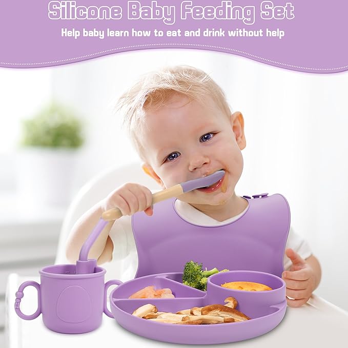 Silicone Baby Feeding Set, Baby Led Weaning Supplies, Silicone Suction Plate, Bowl, Spoons, Fork, Waterproof Bib, Cup and Food Tableware, Eating Utensils Baby Feeding Essentials for 3+ Months