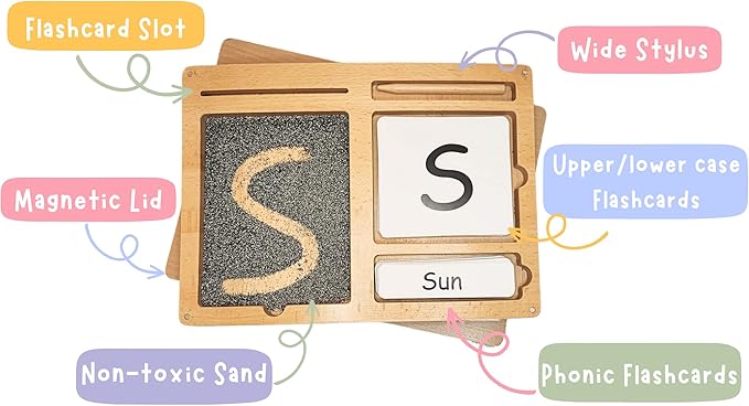 Montessori Sand Tray for Kids 3 4 5 6 Years Old Sand Writing Tray Learning Sensory Toy Educational Alphabet and Phonic Words Comes with Sand, Tray, Lid, 2 Sets of Flashcards, Stylus (Charcoal)