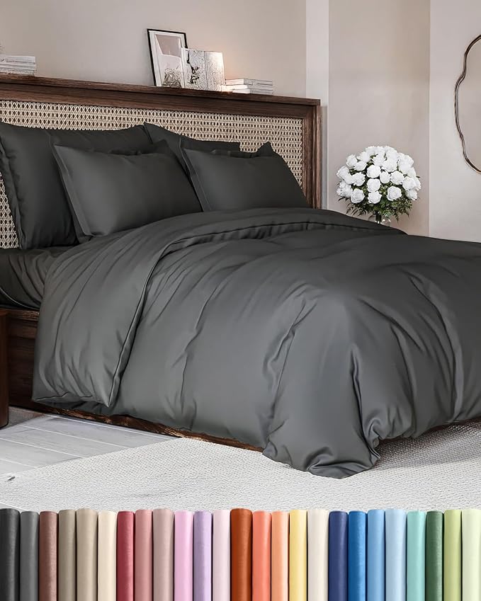 Duvet Cover King Size Set - Extra Soft King Size Duvet Cover 104 x 90 with 2 Pillow Shams - Hotel Luxury, Easy Care and Fade Free w/Zipper Closures & Ties - Comfy Breathable Bedding Set (Charcoal)