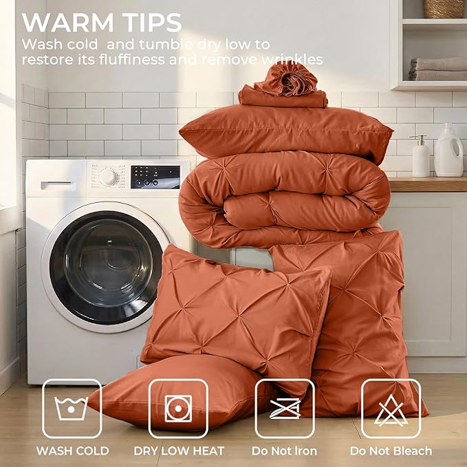 Sasttie Full Size Comforter Set, 7-Piece Bed in a Bag, Pintuck Bedding Set for All Season, Includes Comforter, Flat Sheet, Fitted Sheet, Pillowcases and Pillowshams, Burnt Orange