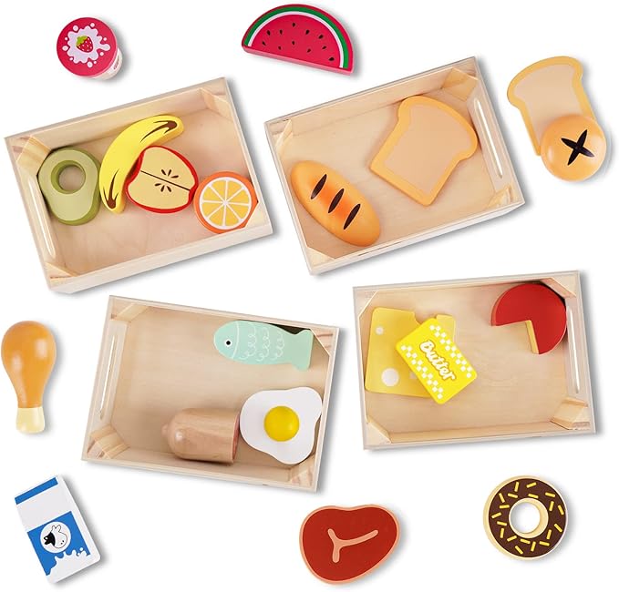 Food Groups - Wooden Play Food Sets, Pretend Play Kitchen Toys, Toy Food Accessories for Toddlers 1-3, Wood Play Fake Food for 1 2 3 Year Old Boys Girls Birthday Gift