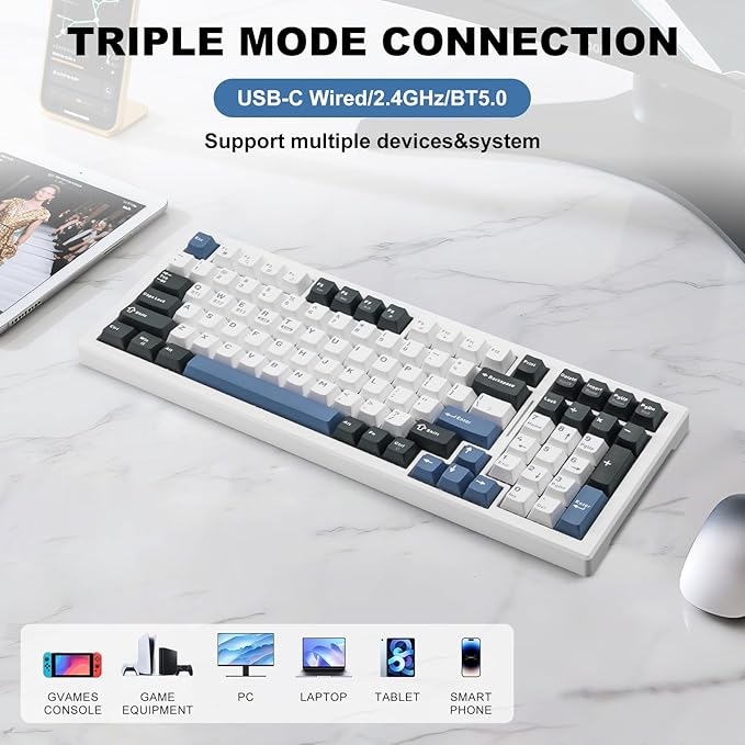 Wireless Mechanical Keyboard BT5.0/2.4GHz/USB, Multi-Color LED with 18+ Modes, Hot-Swappable Custom Keyboard, Red Creamy Switches, Gaming Keyboard for PC/Mac (Blue White)