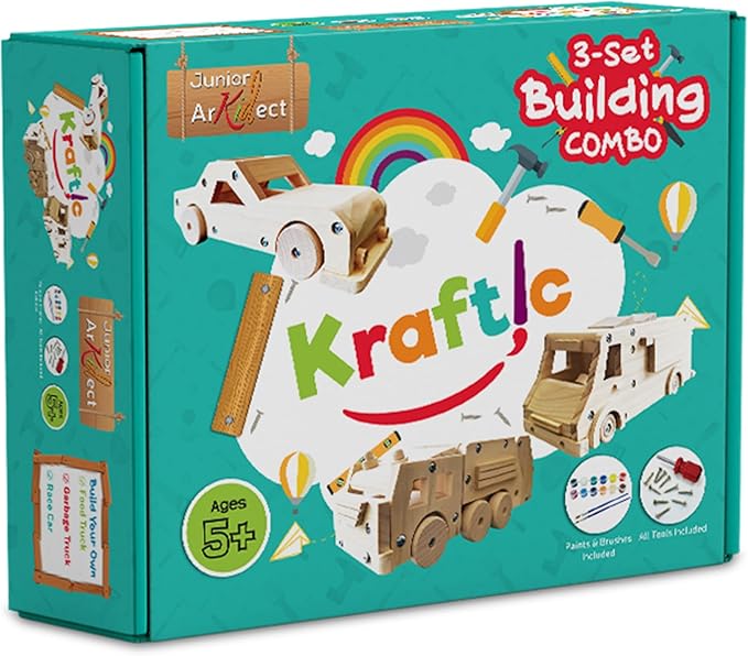 Kraftic Woodworking Building Kit for Kids and Adults, 3 Educational DIY Carpentry Construction Wood Model Kit Toy Projects for Boys and Girls, Build a Wooden Food Truck, Racing Car and Garbage Truck