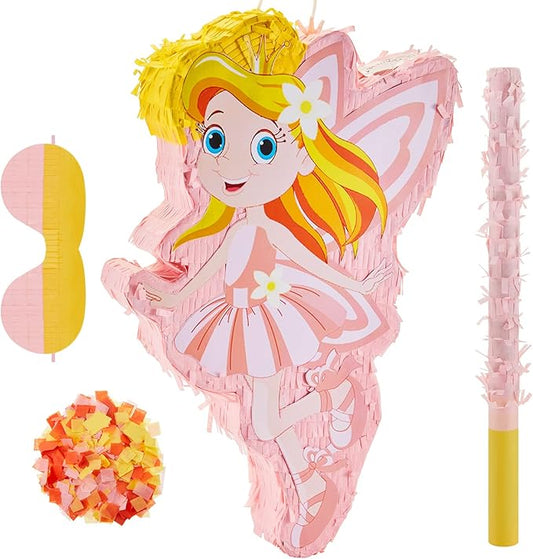 Lewtemi 4 Pcs Fairy Princess Piñata Set 15.7 x 12.5 x 3" Pink Piñata with Stick Blindfold Colorful Confetti, Small Piñata for Girl Princess Theme Birthday Party Supplies, Baby Shower, Kid Piñata Party