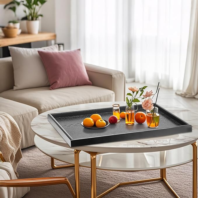 32 x 20 Inches Extra Large Solid Wood Serving Tray for Tea Coffee Table Snack Food Meals Serving Plate Kitchen Party Bar Breakfast Server with Raised Edges Black Wooden Decorative Ottoman Tray