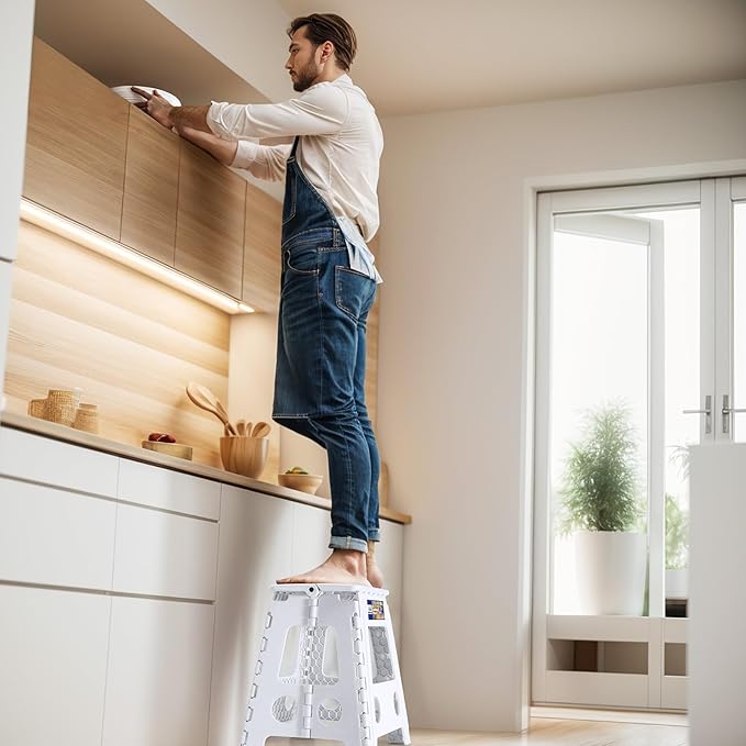 ACKO Folding Step Stool Foldable 16 Inch Stool 400 lbs Capacity,Plastic Stools for Adults and Kids,Collapsible Stool for Kitchen, Stepping Stool with Handle(White)