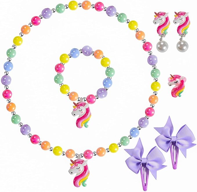 Handmade Unicorn Kids Jewelry Set for Little Girls - Elastic Necklace Bracelet - Clip On Earrings - Adjustable Rings - Bow Hair Clips - Birthday Dressup Childrens Costume w/Box Bags