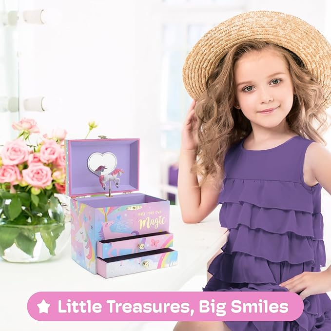 Jewelkeeper Unicorn Musical Jewelry Box for Girls - Cotton Candy Rainbow Design Music Box with 2 Pullout Drawers to Store Earrings, Necklace and Bracelets, Plays The Beautiful Dreamer Tune