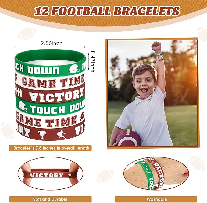 LEIFIDE 48 Pcs Basketball Soccer Football Baseball Party Favors Supplies 12 Silicone Bracelet 12 Drawstring Treat Bag 12 Mini Stress Ball 12 Keychains for Birthday Sports Party Supplies (Football)