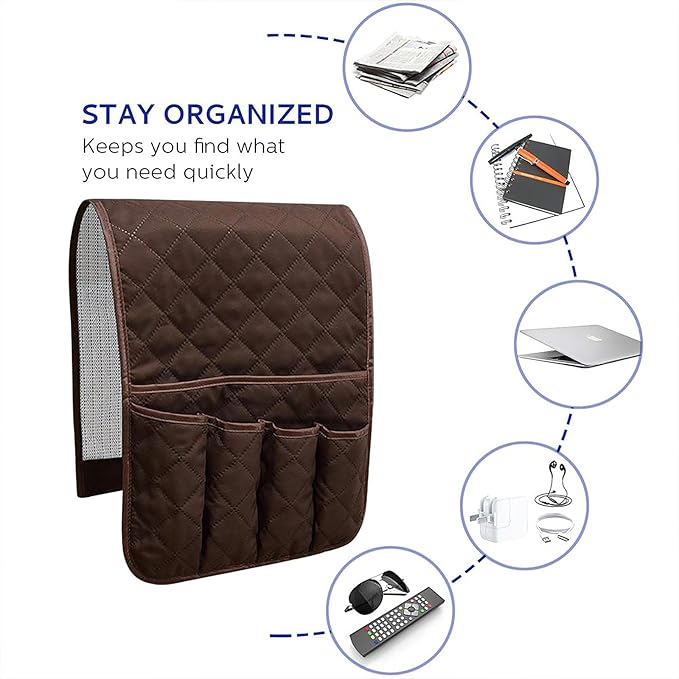Sofa Armrest Organizer Non-Slip Arm Chair Bedside Caddy Storage Organizer for Recliner Couch with 5 Pockets for Cell Phone TV Remote Control Magazines (DARK BROWN)
