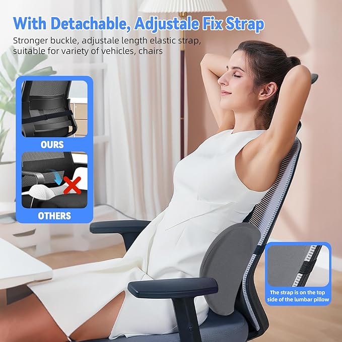 Lumbar Support Pillow for Office Chair and Car Seat, Lumbar Pillow with Adjustable Strap, Memory Foam Back Pillow for Lower Back Pain Relief, Back Support Pillow for Sitting, Driving, Traveling