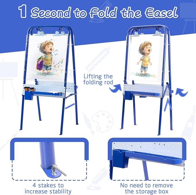 FUNLIO Foldable Outdoor Easel for Kids Aged 3+, Waterproof & Sunproof Kids Easel with 2 Acrylic Boards, Double-Sided Kids Easel with 21 pcs Accessories, Portable & Stable - Blue