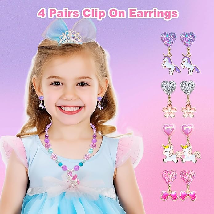 Jewelry Toys for Girls Toddler Lovely Rings Clip on Earrings Kids Necklace Bracelet Set Gift for Girls