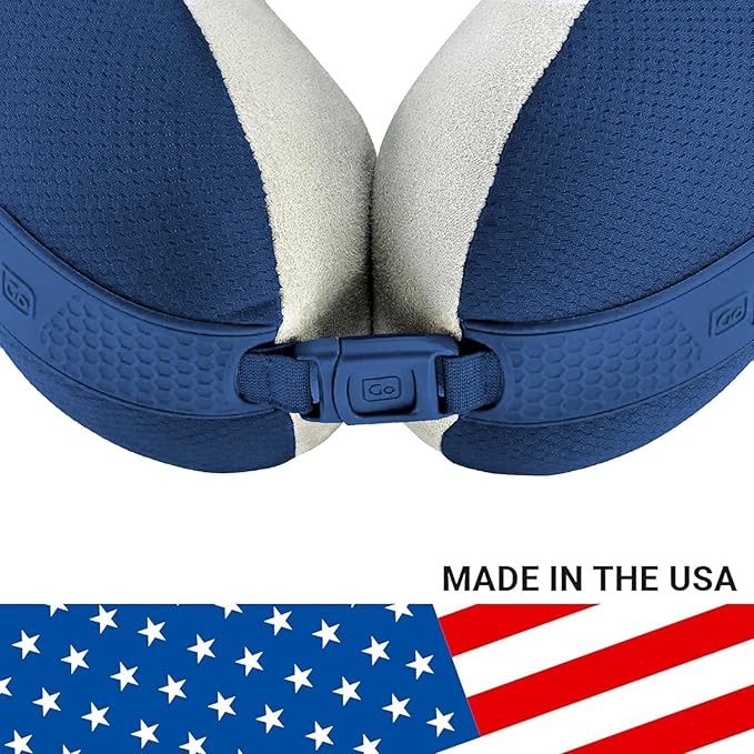 American Dreamer, Deluxe Travel Pillow, Comfortable Memory Foam Neck Pillow for Uninterrupted Sleep, Ideal for Airplane, Bus, Car, and Train, Travel Essentials, Made in USA, Dark Blue