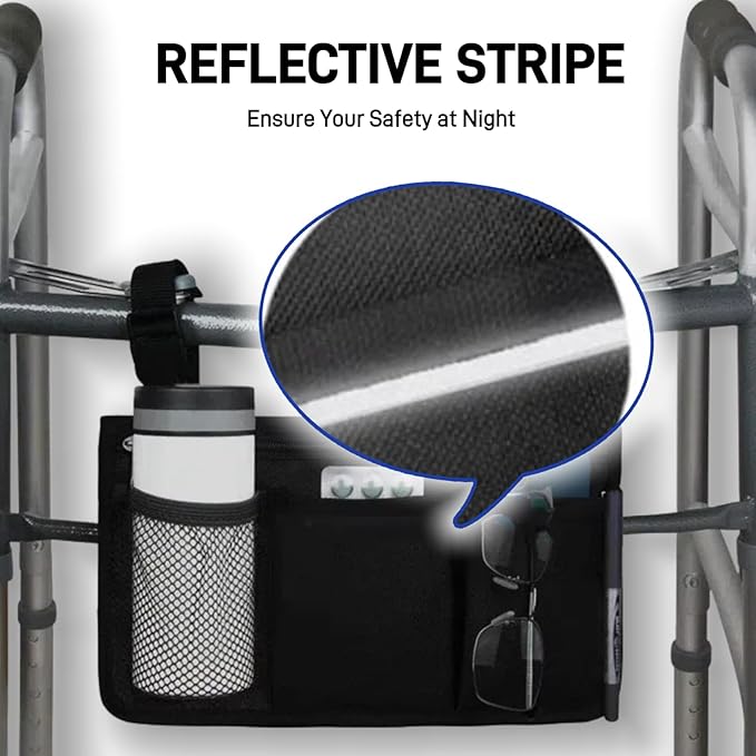 WEEOATAR Wheelchair Side Bags Storage Pouch with Cup Holder, Water-Resistant, Easy to Use with Release Buckle, Side Pocket with Reflective Stripe for Wheelchairs, Walkers or Rollator (Black)