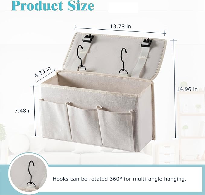 Bedside Caddy / Bedside Storage Organizer Hanging Bag with Three Options,Suitable for home beds, sofas, and dormitory beds—can hold magazines, books, phones, iPads, remote controls. (White)