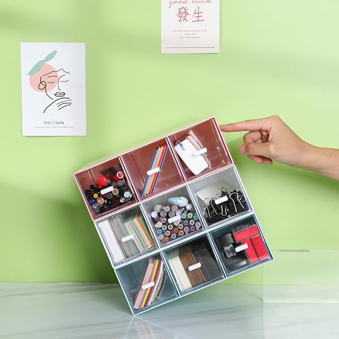 Desktop Drawers, Desk Organizer with 3 Drawers, Stackable Plastic Storage Box for Home Collection, Cosmetics, Jewelry, Office Supplies (1 Tall Layer, Pink)