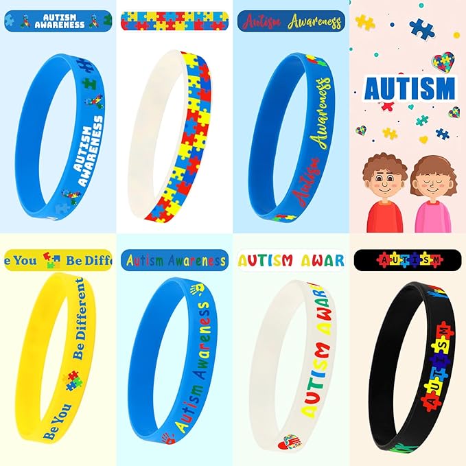 JUNEBRUSHS 42pcs Autism Awareness Silicone Bracelets Colorful Puzzle Pieces Inspirational Rubber Wristbands Accessories for Kids Adults Autism Awareness Party Decorations Gift Supplies (7 Designs)