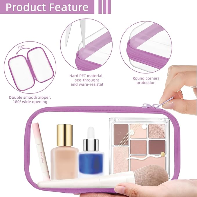 Clear Hard Shell Zipper Case,Clear Toy Storage Pouch,Waterproof Transparent Organizer Comestic Case for Travel, Office, Home(Purple, 3*S)