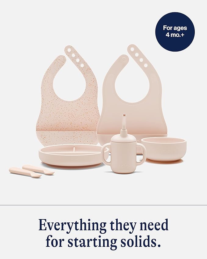 Lalo First Bites Silicone Baby Feeding Set - Baby Led Weaning Supplies - Non-Toxic Silicone - Includes 2 Bibs, 2 Spoons, Training Cup, Suction Plate and Bowl - 6 Pieces - Grapefruit