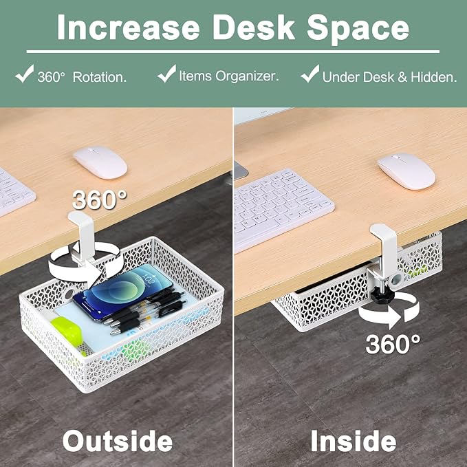 ROSYLIN Heavy Duty Clamp On Under Desk Drawer Organizer Storage Tray Basket with Non-Slip Pad Hanging Mount for Home Office Studio Bedroom or Dorm (white)
