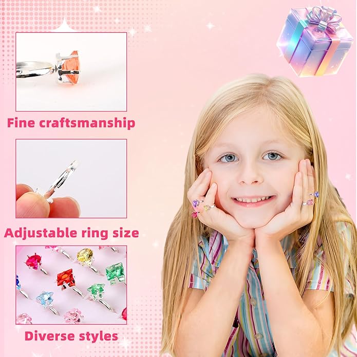 Little Girl Jewel Rings, Adjustable Pink Rings Girls Kids Pretend Play and Dress up Jewelry Set, Cute Rings with Display Case Party Favors Toys Gifts